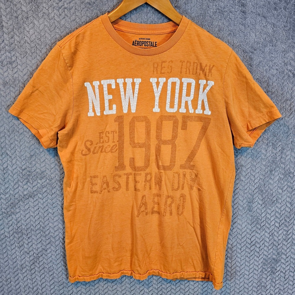 Aeropostale Mens Orange New York 1987‎ Graphic T-Shirt Size Large Short Sleeve